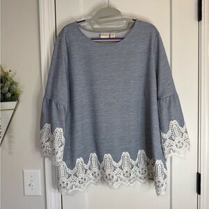 Chico’s Blue/White Stripe Lace Detail Top